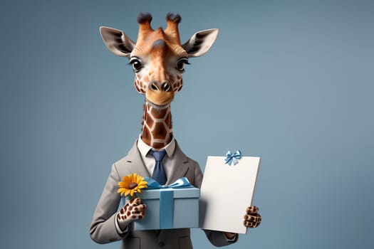 happy giraffe in a suit with a gift and flowers .