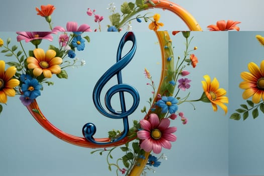 musical treble clef with flowers, postcard .