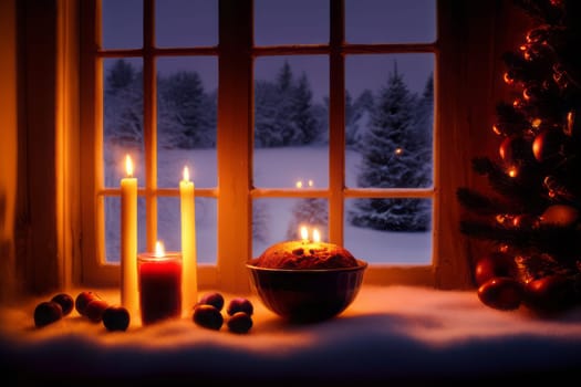 Winter landscape outside the window. Evening time. Cozy Christmas atmosphere with candles