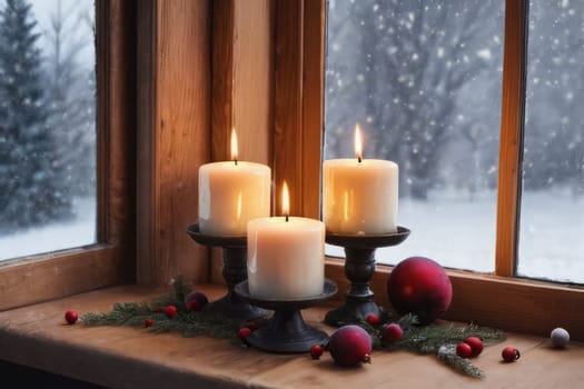 Winter landscape outside the window. Evening time. Cozy Christmas atmosphere with candles