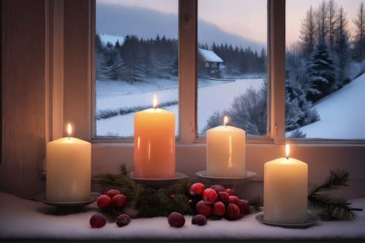 Winter landscape outside the window. Evening time. Cozy Christmas atmosphere with candles