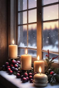 Winter landscape outside the window. Evening time. Cozy Christmas atmosphere with candles