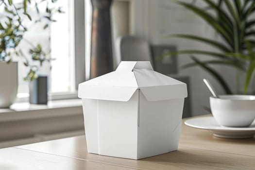 Mockup of a white paper food box placed on the dining table