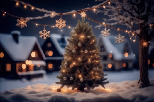 Christmas tree on snowy streets. Winter landscape of a small town decorated for Christmas and New Year