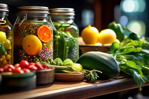 Farm-fresh organic bounty and an assortment of jars filled with delights, tastefully presented on supermarket shelves