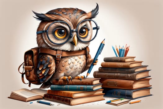 cute owl in glasses with books .