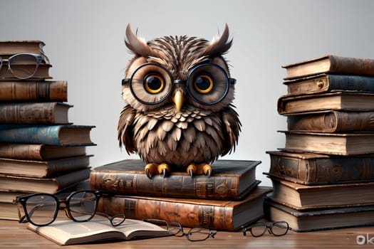 cute owl in glasses with books .