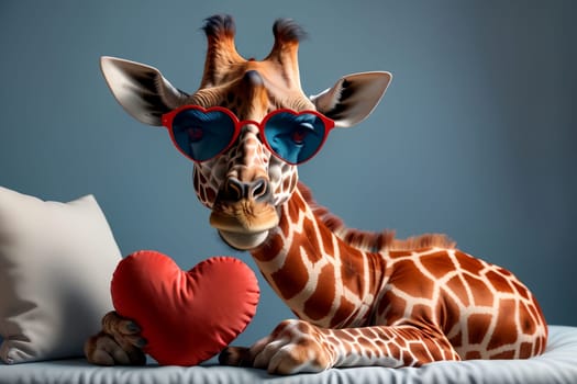 Cute giraffe in love with big valentine .