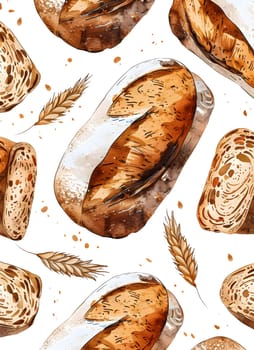 A seamless pattern featuring bread and wheat on a white background. This design is perfect for food enthusiasts who appreciate the beauty of ingredients and baked goods in cuisine