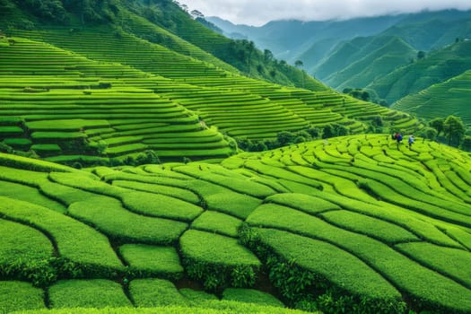 Embark on a journey through the art of tea-picking against the backdrop of lush green terraced fields at sunrise, a moment steeped in history