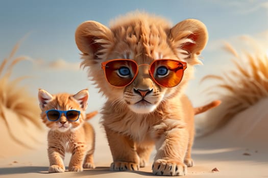 cute red tiger cub and kitten, walking along the road in the desert .