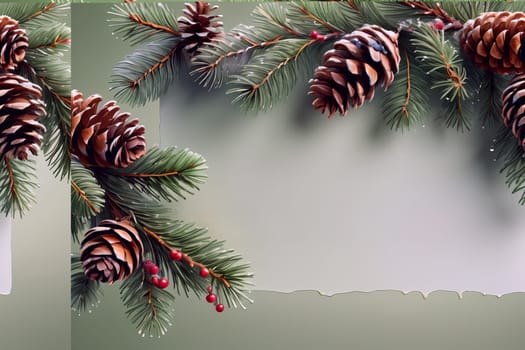 background of Christmas tree branches with pine cones .