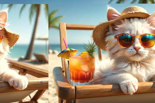 cute kitten on a sun lounger at the sea with a cocktail in a glass .