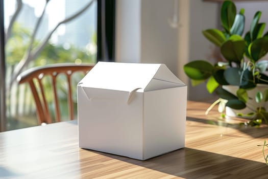 Mockup of a white paper food box placed on the dining table