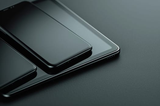 A black smartphone and tablet lie on a black surface. Modern stylish background with a device.