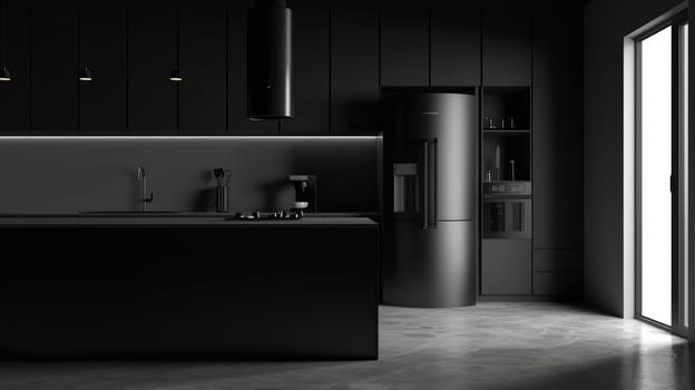 Modern Industrial Kitchen with Black Refrigerator and Concrete Wall