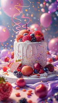 A festive birthday cake decorated with strawberries, blueberries, apples, and sprinkles, surrounded by balloons on a table. A delicious combination of fruit and baked goods for the celebration
