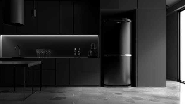 Modern Industrial Kitchen with Black Refrigerator and Concrete Wall