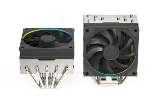 Low profile and tower type computer processor coolers on white background
