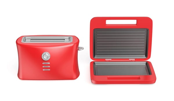 Red electric toaster and sandwich maker on white background