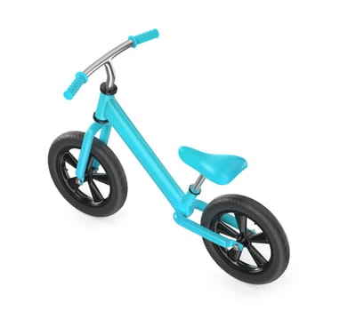 Blue children's balance bike on a white background