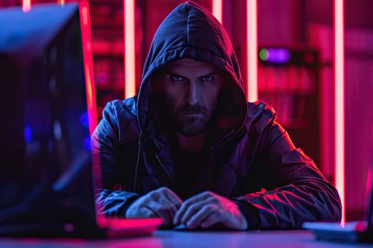 Hacker in a dark room in a hood writes code or uses a computer virus program for a cyber attack. Cyber crime, technology hacking concept.