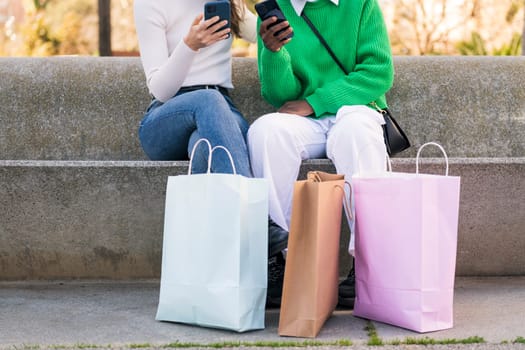 two unrecognizable female friends using mobile phone sitting in a city park with shopping bags, concept of technology of communication and urban lifestyle