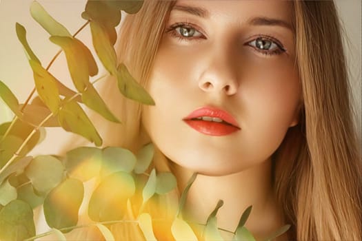 Beauty, makeup and hairstyle, face portrait of beautiful woman with green leaves branch, red lipstick makeup for skincare cosmetics and fashion look idea