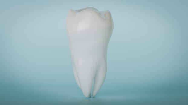 A 3D rendering of a single tooth standing upright on a reflective blue surface with a soft blue background.