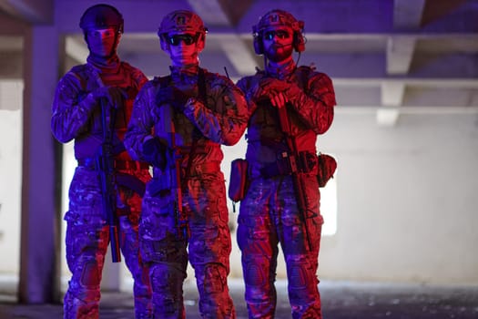 soldier squad team walking in urban environment colored lightis.