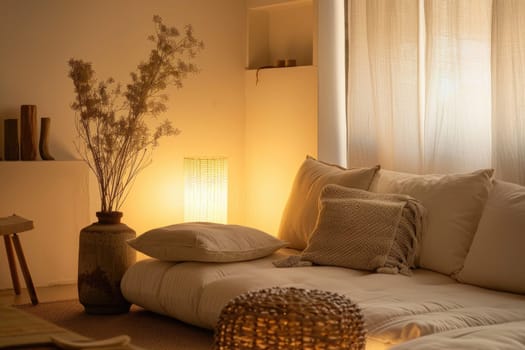 a cozy interior adorned with minimalist decor, featuring soft lighting, neutral tones