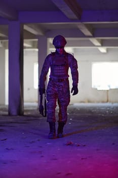 A professional soldier undertakes a perilous mission in an abandoned building illuminated by neon blue and purple lights.