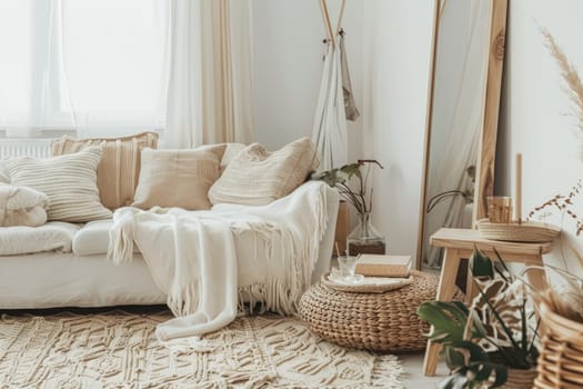 a cozy interior adorned with minimalist decor, featuring soft lighting, neutral tones