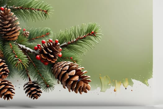 background of Christmas tree branches with pine cones .