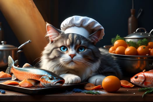 Cute cat chef preparing fish in the kitchen .