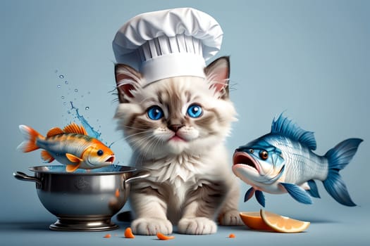 Cute cat chef preparing fish in the kitchen .