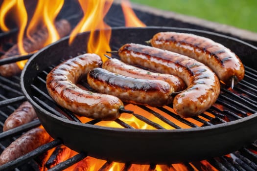 Grilled juicy sausages on grill with fire and shallow depth of field.