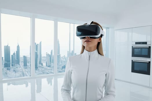 Step into a futuristic virtual reality encounter within a modern white interior, where innovation and style converge seamlessly