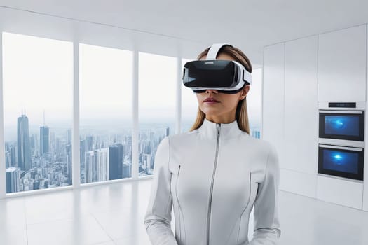 Embark on a cutting-edge virtual reality journey, accompanied by a woman, in a sleek and contemporary white environment