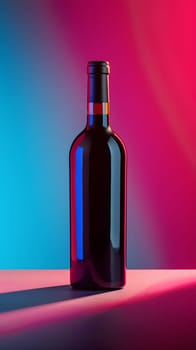 A glass bottle of red wine is placed on a table against a pink and blue background. The cylindershaped drinkware contains a liquid alcoholic beverage, creating a colorful contrast