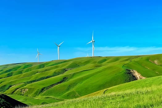 Whispers of Sustainability. A serene wind farm gracefully spinning atop lush green hills under a clear blue sky. The concept of using alternative energy sources.