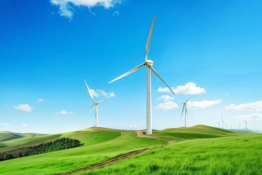 Whispers of Sustainability. A serene wind farm gracefully spinning atop lush green hills under a clear blue sky. The concept of using alternative energy sources.