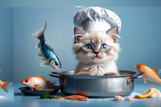 Cute cat chef preparing fish in the kitchen .