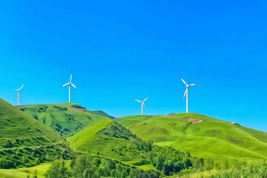 Whispers of Sustainability. A serene wind farm gracefully spinning atop lush green hills under a clear blue sky. The concept of using alternative energy sources.