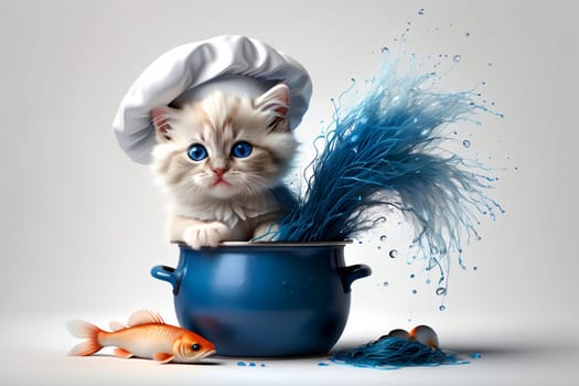 Cute cat chef preparing fish in the kitchen .