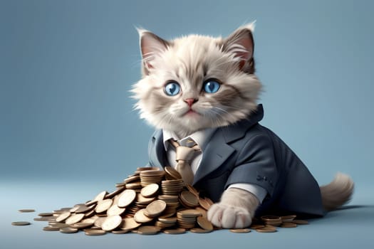 cute cat in a suit with a bag of coins .