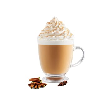 Pumpkin seed milk latte in a glass mug garnished with a dollop of whipped cream. Milk product isolated on transparent background
