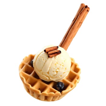 Rum raisin ice cream creamy base rum soaked raisins in a waffle bowl garnished with. close-up food, isolated on transparent background