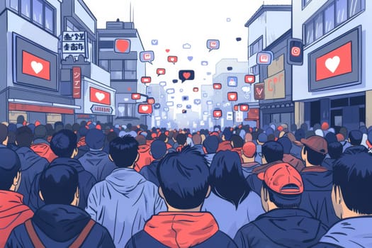 A crowd of people watching live streaming from smartphones on a city street.