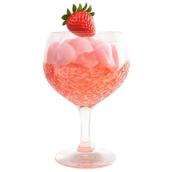 Frose pink slushy rose wine swirled in stemmed glass strawberry garnish. Food isolated on transparent background.